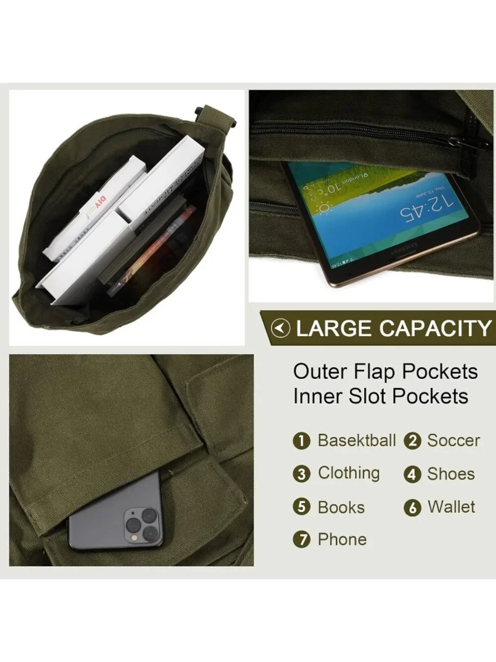 Women's Army Green Multiple Pockets Large Hobo Crossbody Shoulder Bag - Picture 5 of 6